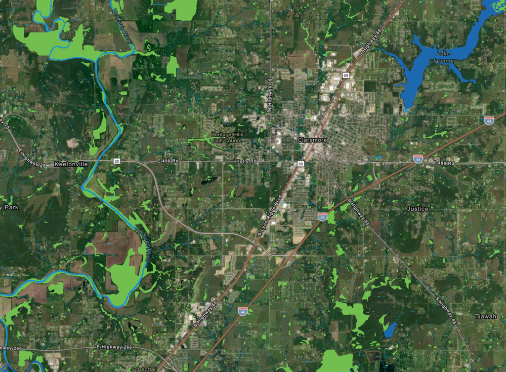ACME dashboard with the wetlands layer on showing where all wetlands are in a specific area