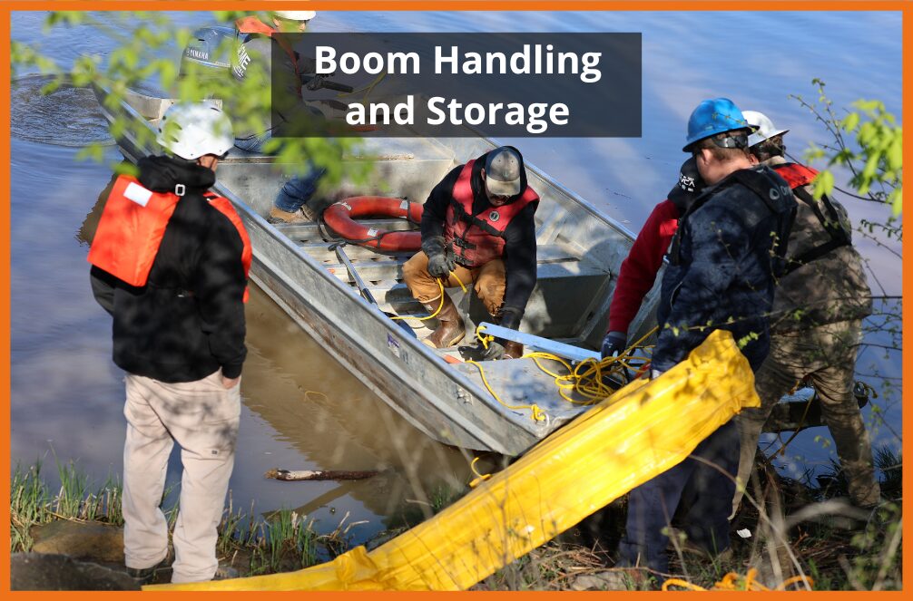 Thumbnail of Boom School students handling containment boom, preparing for a deployment drill