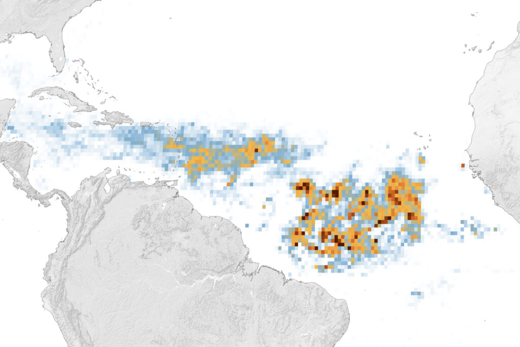 Map of massive seaweed sargassum bloom in the Atlantic
